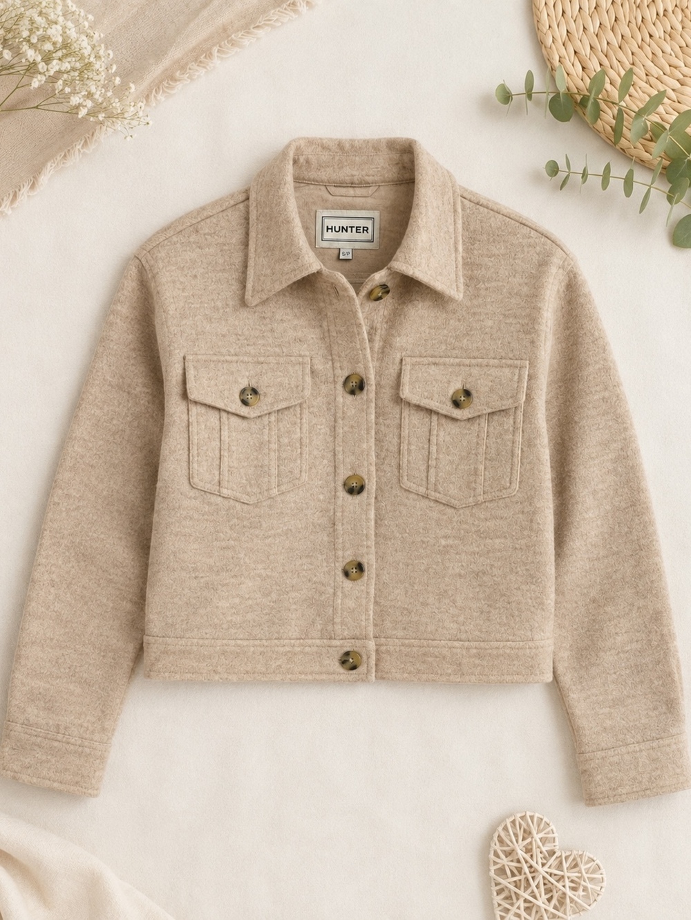 Hunter Beige Wool Cropped Jacket Small Button Front
